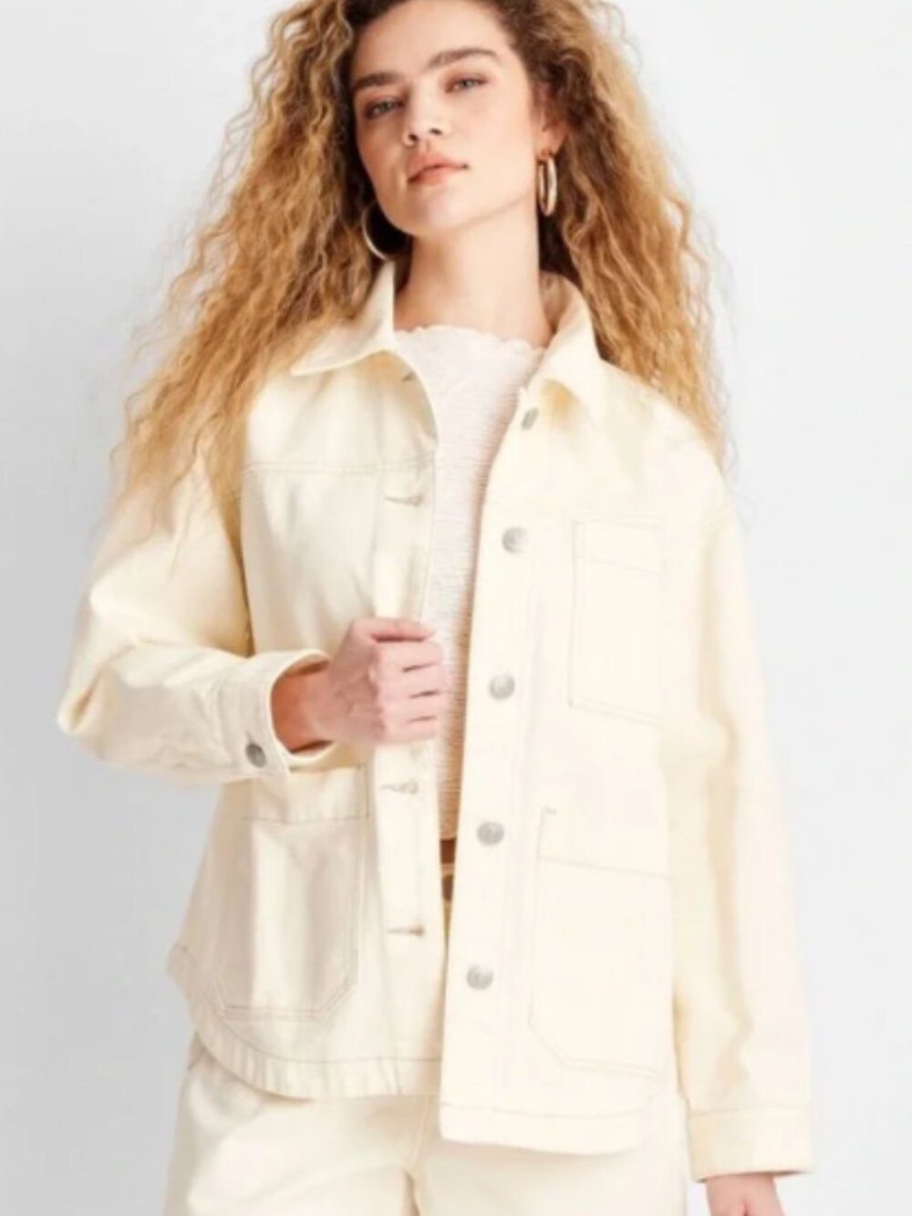 Future Collective Cream Oversized Contrast Stitch Denim Jacket